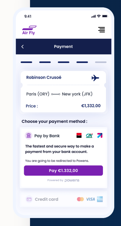 Screenshot of an app using pay by bank to pay for a plane ticket
