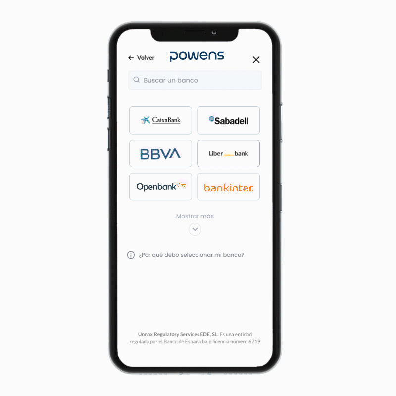 Demostración animada que muestra cómo un usuario selecciona su banco en la interfaz de Open Banking de Powens para autorizar el acceso a su cuenta y activar pagos recurrentes PSD2.